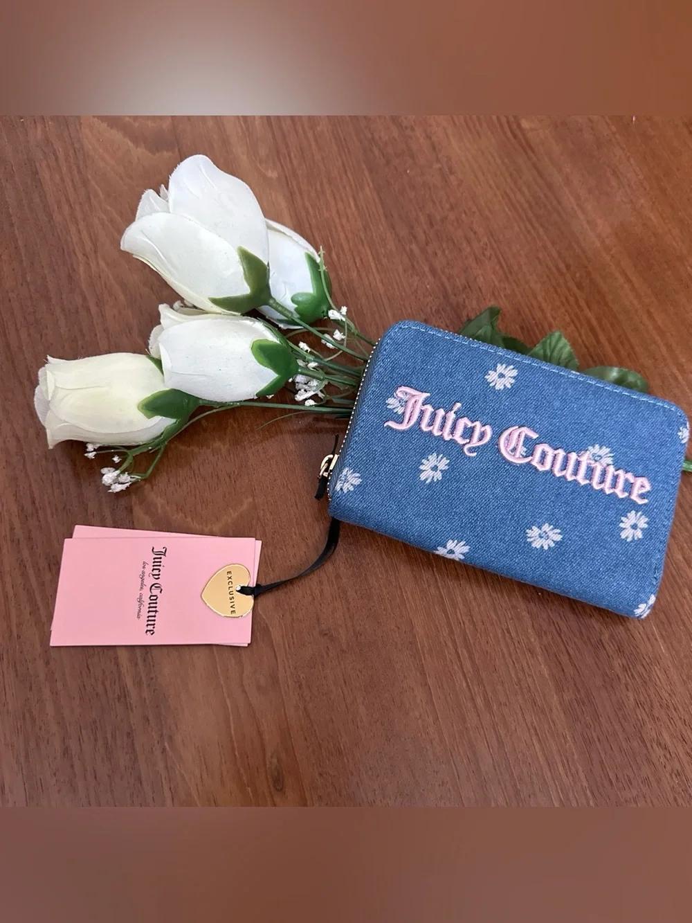 Juicy Couture Denim Blue Daisy Zip-Around Wallet with Pink Logo